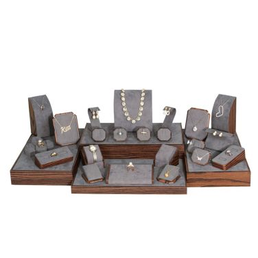 29-Piece Grey Suede W/ Wood Trim Jewelry Display Set