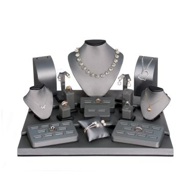 19 Piece Steel Grey Leatherette and Wood Trimmed Jewelry Display Set