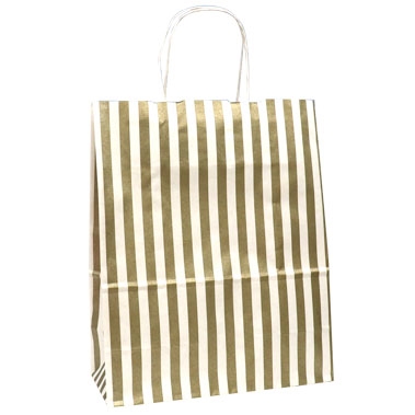 White and Gold Striped Kraft Paper Gift Shopping Bags, 9-3/4" x 4-3/4" x 12-1/4"