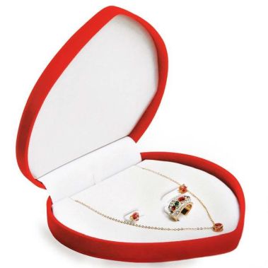 Red Flocked Velour Jewelry Necklace, Earring, and Ring Combination Boxes
