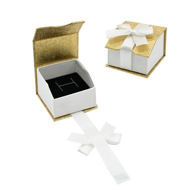 Gold and White Magnetic Ribbon Jewelry Ring Boxes