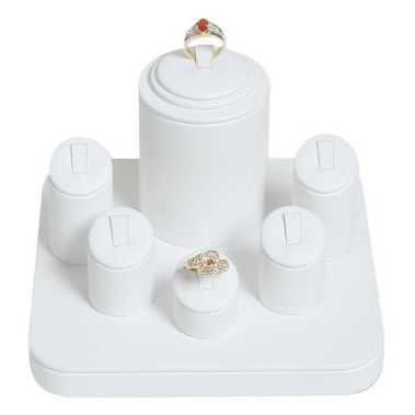 White Leatherette Jewelry Ring Display Stand, Holds 6 Rings