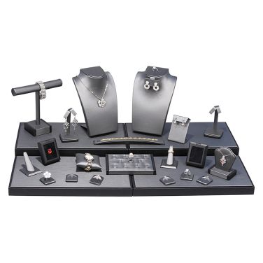 24-Piece Steel Grey & Black Leatherette Jewelry Display Set