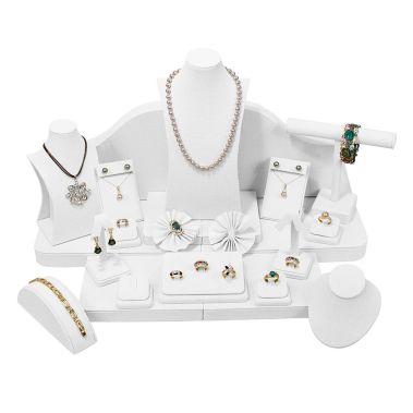 24 Piece White Leatherette Jewelry Showcase Display Set