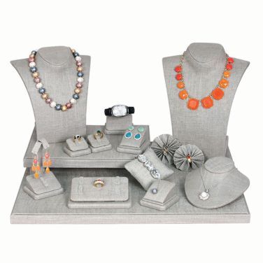19-Piece Grey Linen Jewelry Showcase Display Set