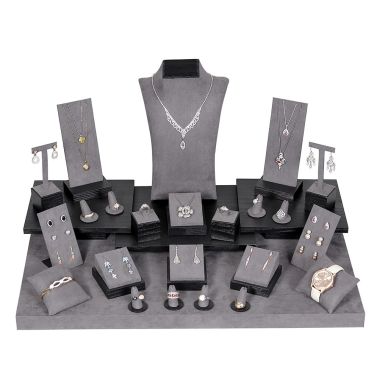 27 Piece Grey Suede Jewelry Display Set With Black Trim