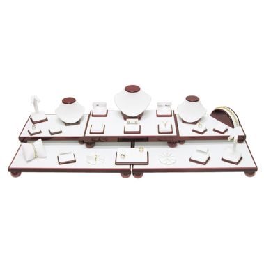 26-Piece White Leatherette & Red Rosewood Jewelry Showcase Display Set