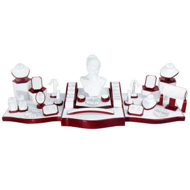 33-Piece White Leatherette & Red Rosewood Jewelry Showcase Display Stand Set