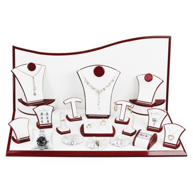 22-Piece White Leatherette & Red Rosewood Jewelry Showcase Display Stand Set