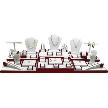 35-Piece White Leatherette & Red Rosewood Jewelry Showcase Display Set