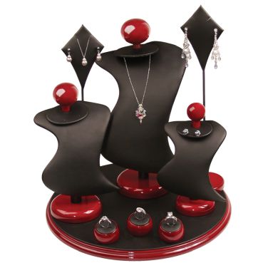 9-Piece Black Leatherette & Red Rosewood Jewelry Display Set