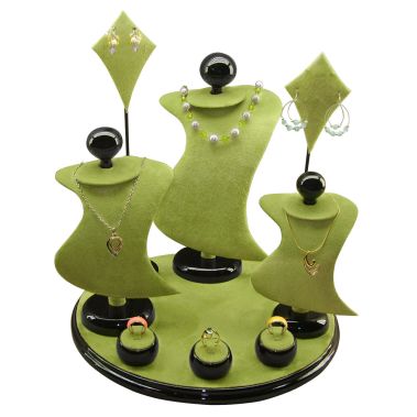 9-Piece Green Suede & Black Wood Trim Jewelry Display Set