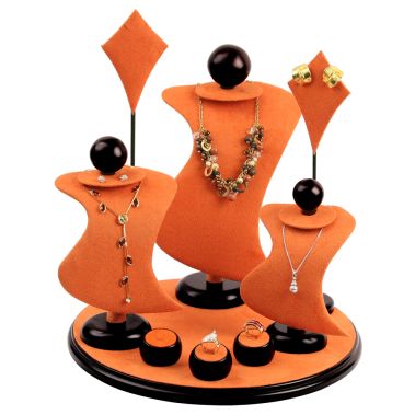 9-Piece Orange Suede & Black Wood Trim Jewelry Display Set