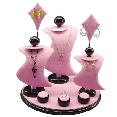 9-Piece Pink Suede & Black Wood Jewelry Display Set