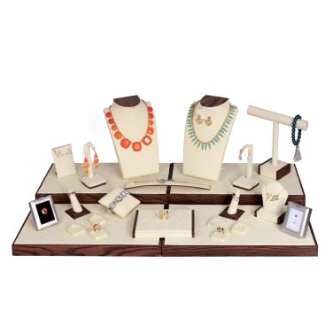 24-Piece Beige Linen W/ Wood Trim Jewelry Display Set
