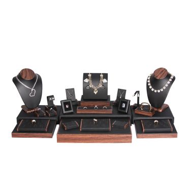 25-Piece Black Leatherette W/ Wood Trim Jewelry Showcase Display Set
