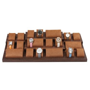 Brown Suede & Wood Base Watch Display Set - Holds 24 Pieces