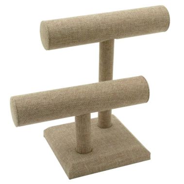 Brown Burlap Offset Dual Jewelry T Bar Display Stand, 8-1/4" Tall