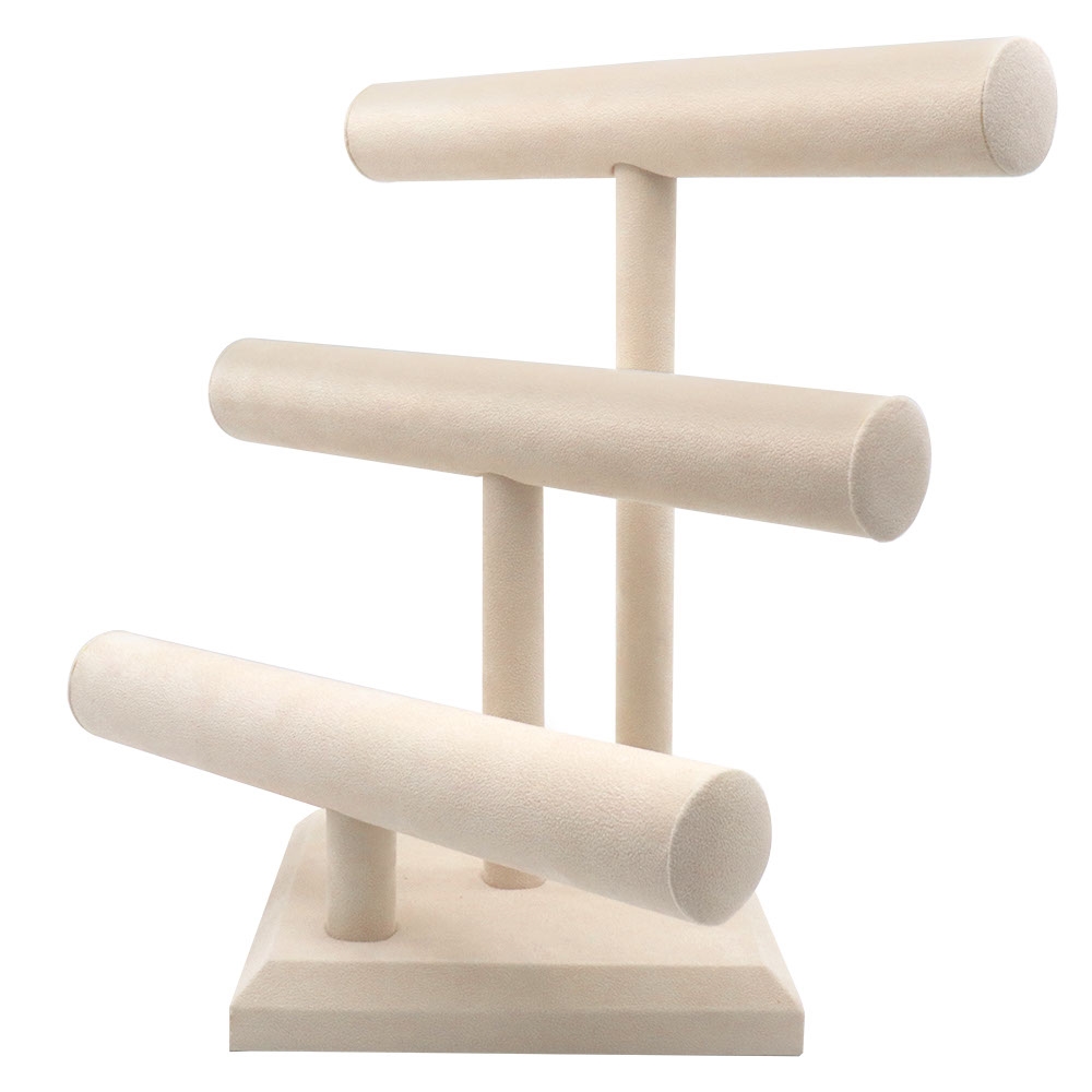 Beige Faux Suede 3 Tier Jewelry T-Bar Stand