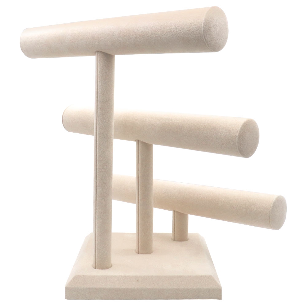 Beige Faux Suede 3 Tier Jewelry T-Bar Stand