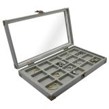 Grey Linen with Glass Lid Jewelry Showcase Display Tray