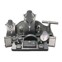 24-Piece Jewelry Display Set | Grey Leatherette Jewelry Showcase Set