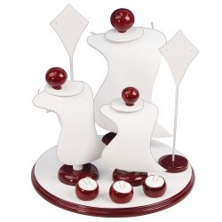9-Piece White Leatherette & Red Rosewood Jewelry Display Set 