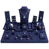 27-Piece Dark Blue Suede Jewelry Display Set – Elegant Showcase for Your Collection