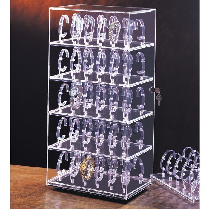 Rotating Clear Acrylic Watch Display Stand with Lock, Holds 60 Watches