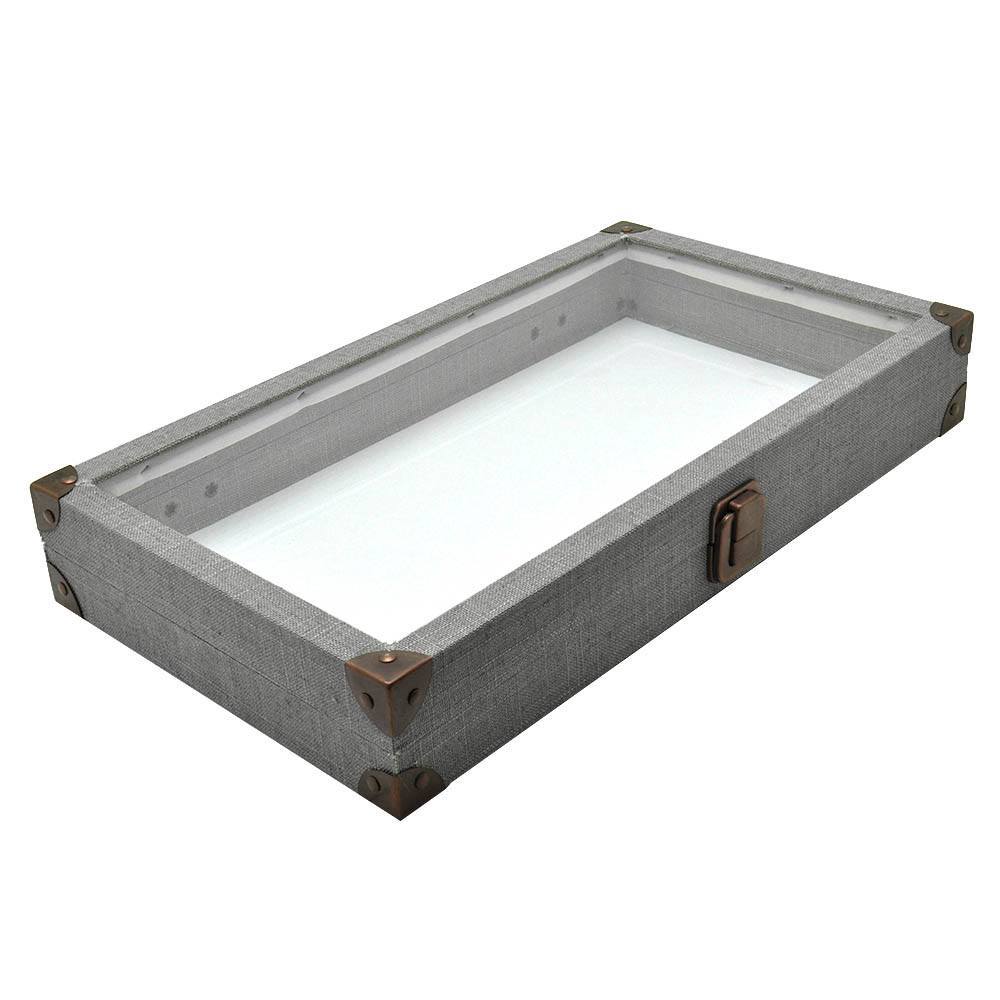 Grey Linen with Glass Lid Jewelry Showcase Display Tray