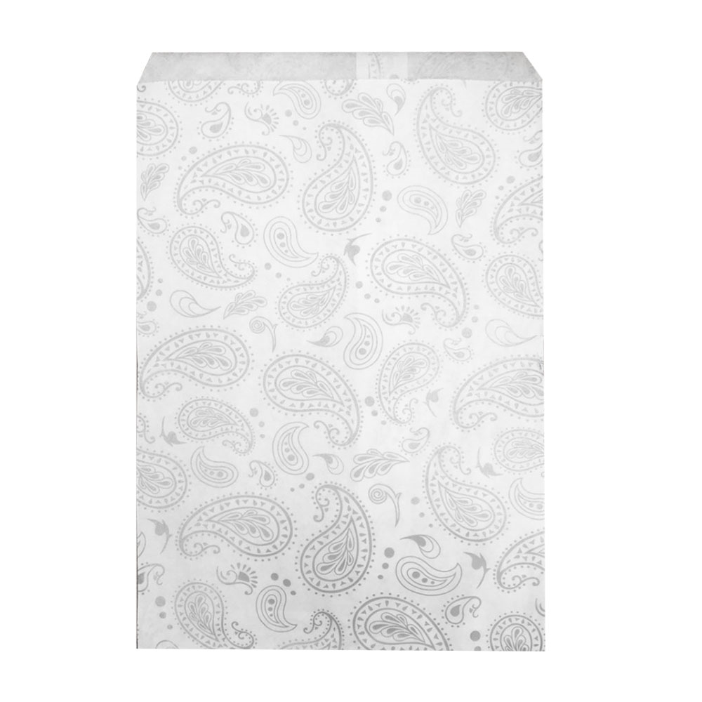 White and Silver Paisley Gift Shopping Bags, 100 Per Pack, 6
