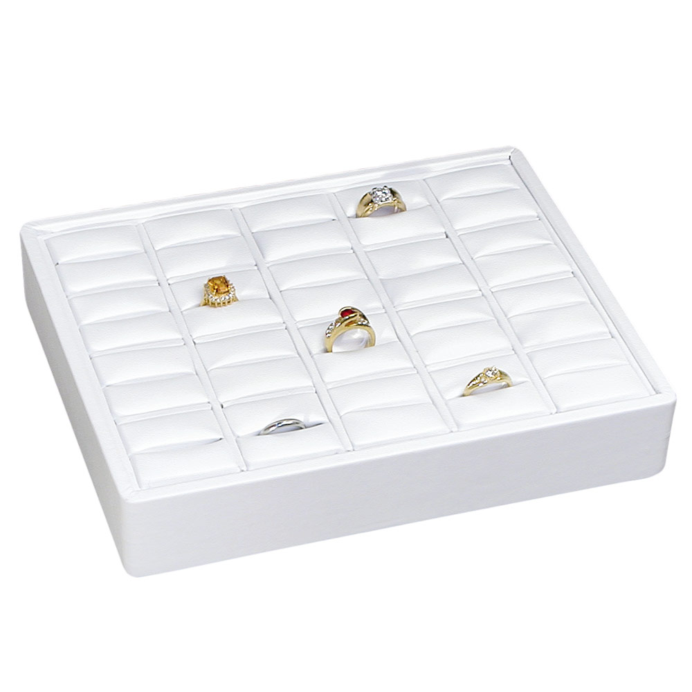 White Leatherette Jewelry Ring Display Tray, Holds 20 Rings