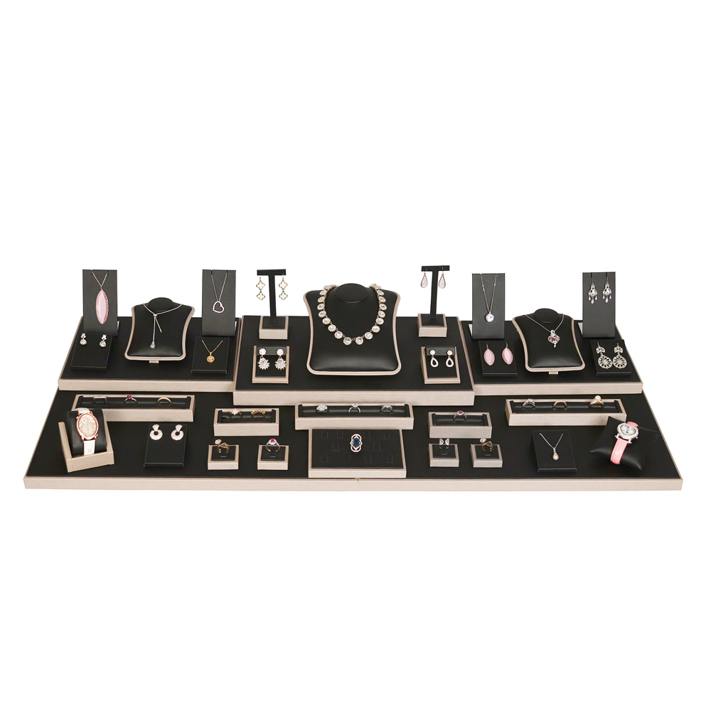 Luxury Black Faux Leatherette with Gold Trim 34-Piece Display Set